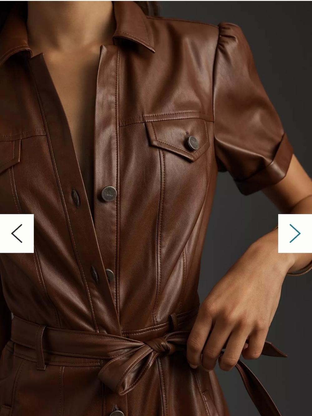 PAIGE Womens Brown Amina Faux Leather Button Front Mini Shirt Dress Sz L - Picture 4 of 11